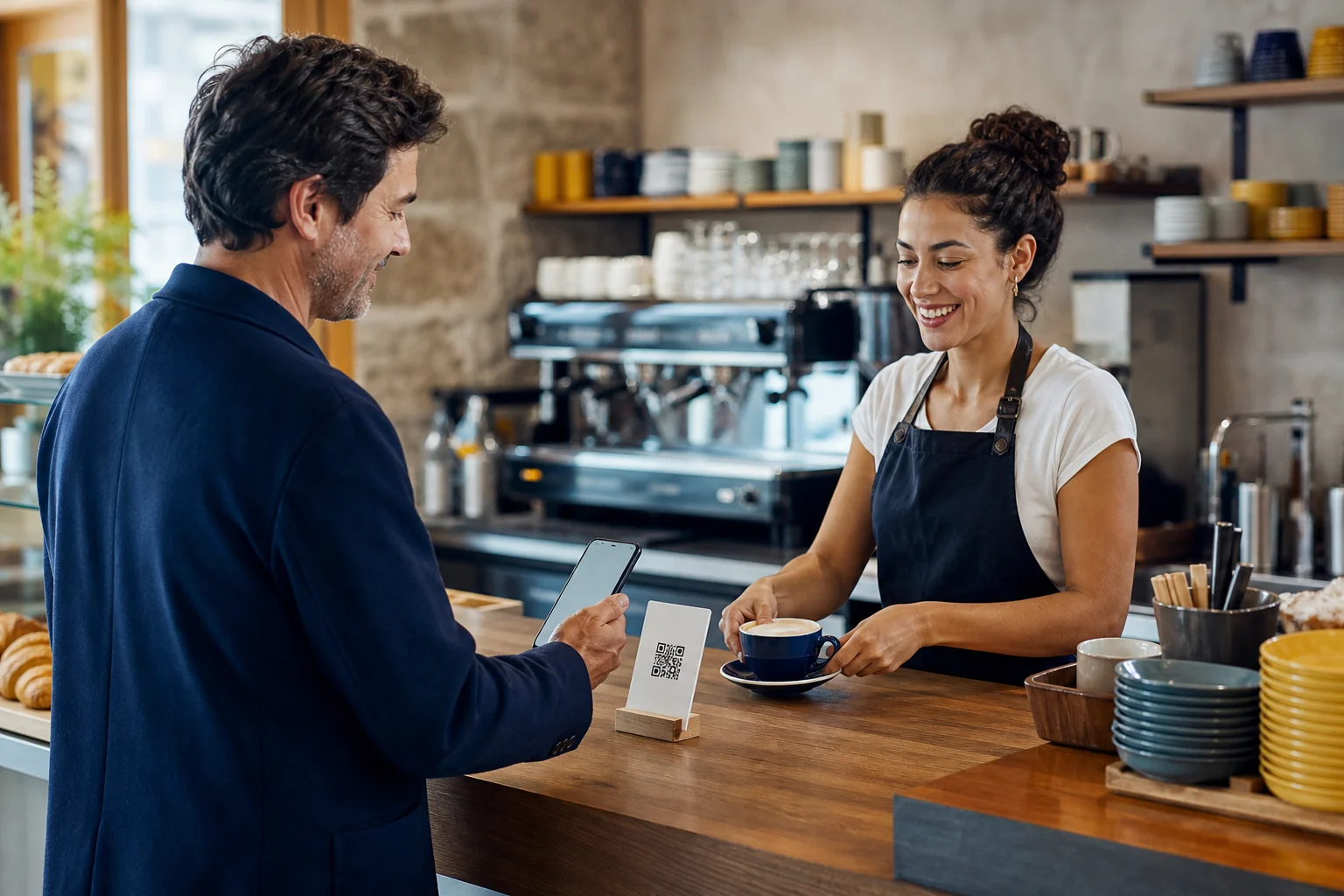 Customer using a digital loyalty card in a cafe