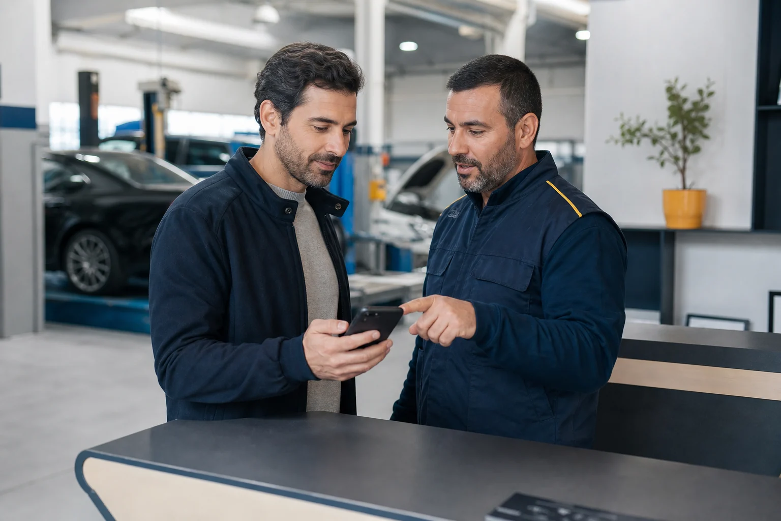 Customer checking a digital loyalty card at a car repair shop