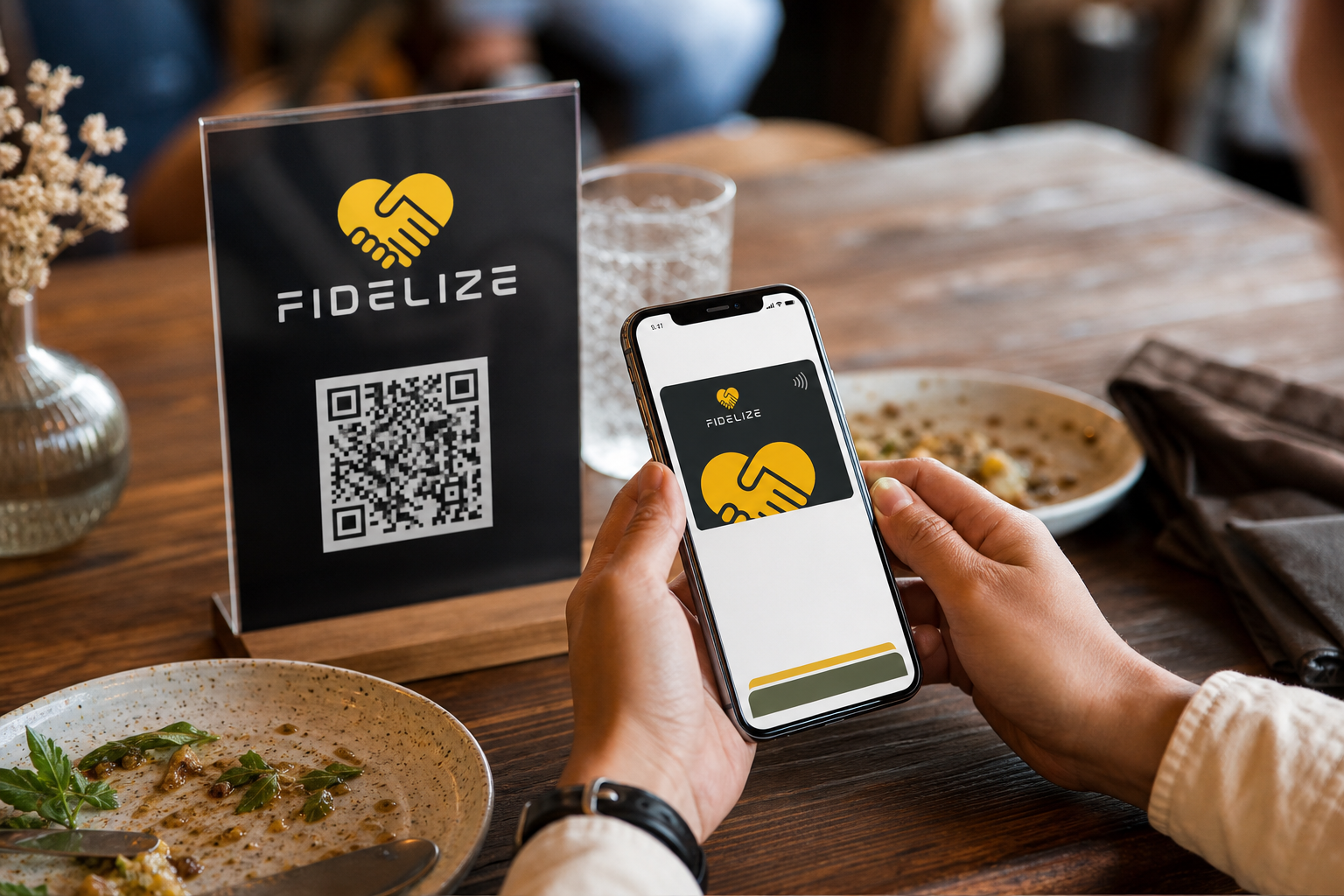 Cliente adere ao programa Fidelize através de QR code num restaurante
