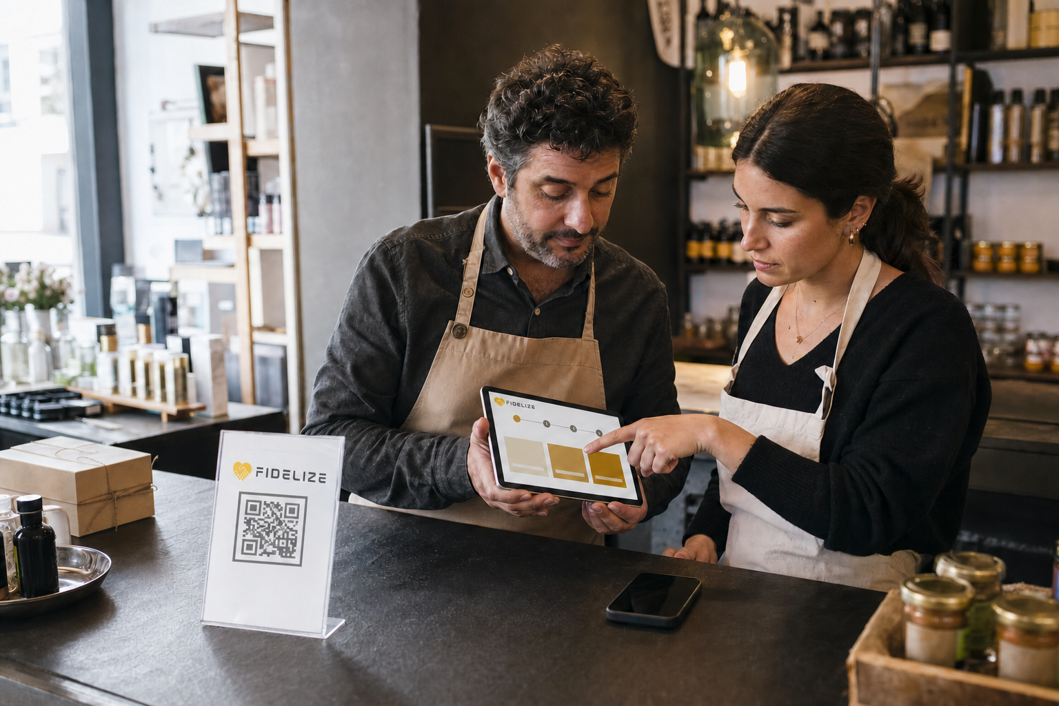 Equipa de uma loja planeia um programa de fidelização digital num tablet